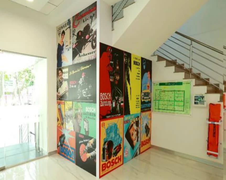 Bosch India Experience Centre: Classic Bosch advertising posters, recreated on the stairwell