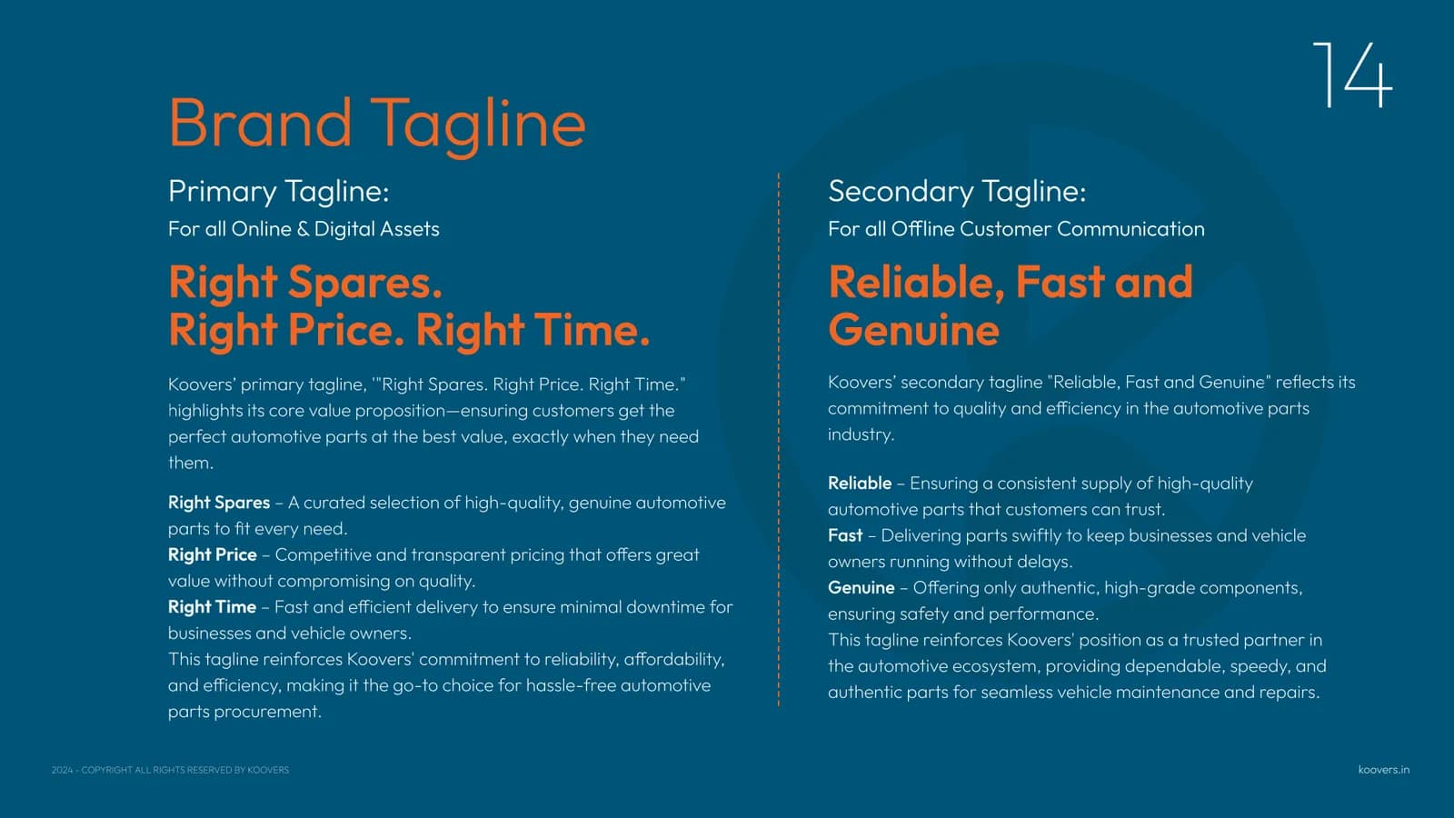 Brand Guidelines page 14: the brand tagline — primary “Right Spares. Right Price. Right Time.” and secondary “Reliable, Fast and Genuine”