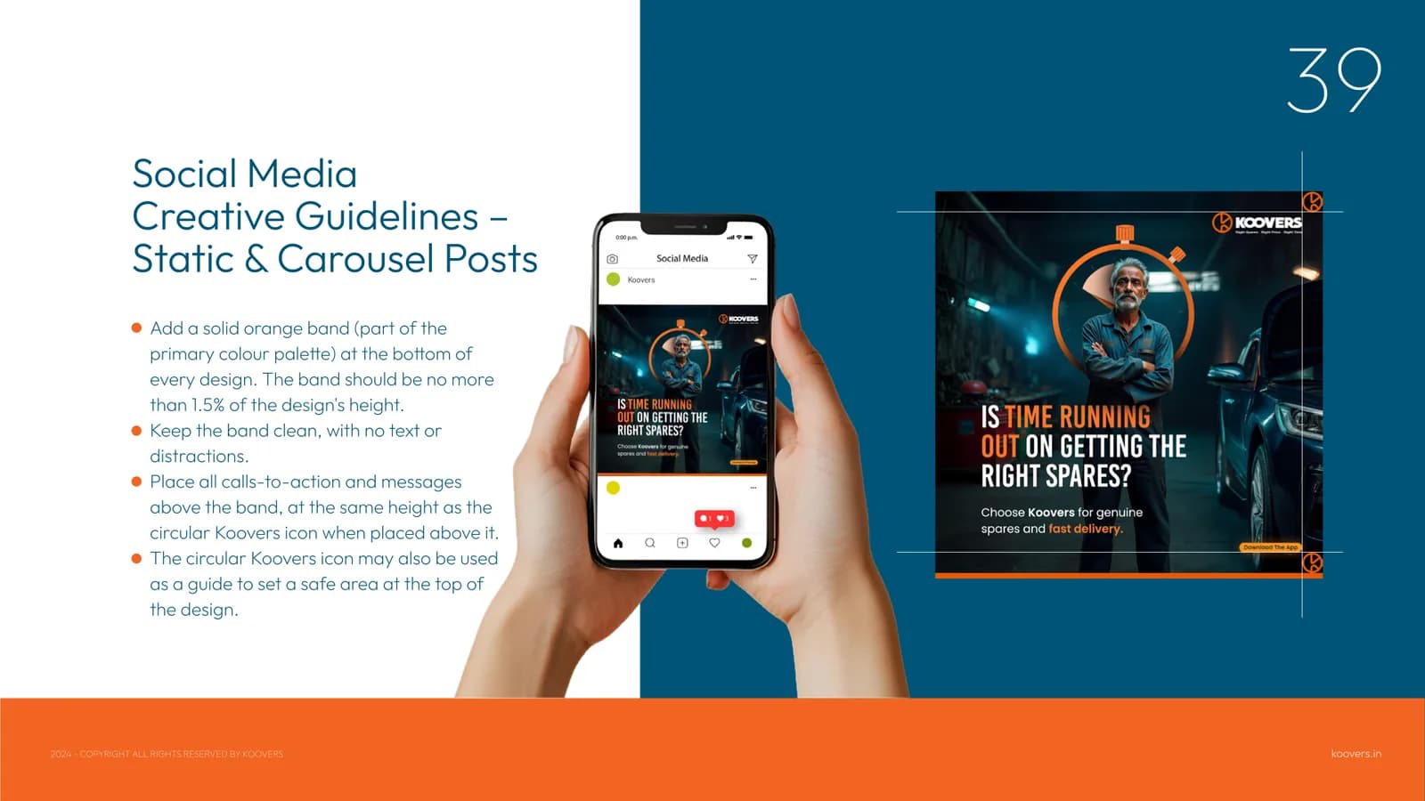 Brand Guidelines: social media creative guidelines for static and carousel posts — a solid orange band at the base, CTAs and the circular icon above it
