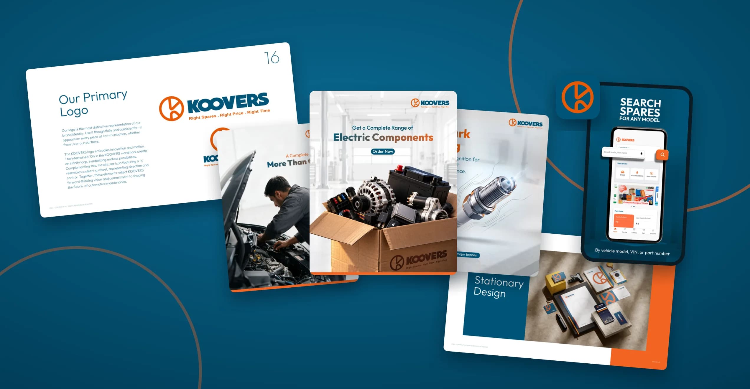 The Koovers system: a brand guidelines page, three social creatives, a stationery application and the Koovers app on Google Play