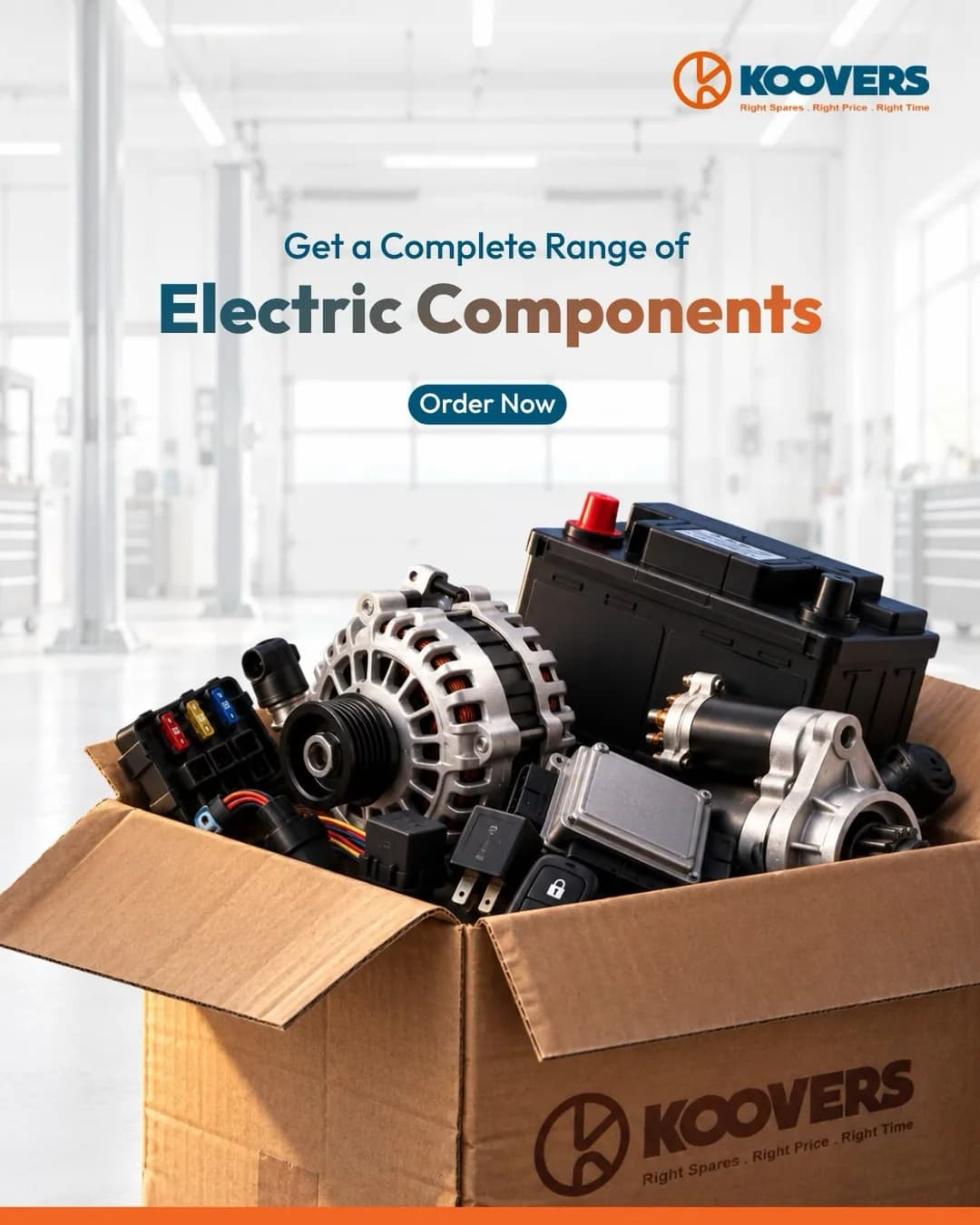 A Koovers box overflowing with alternators, batteries and electrical parts