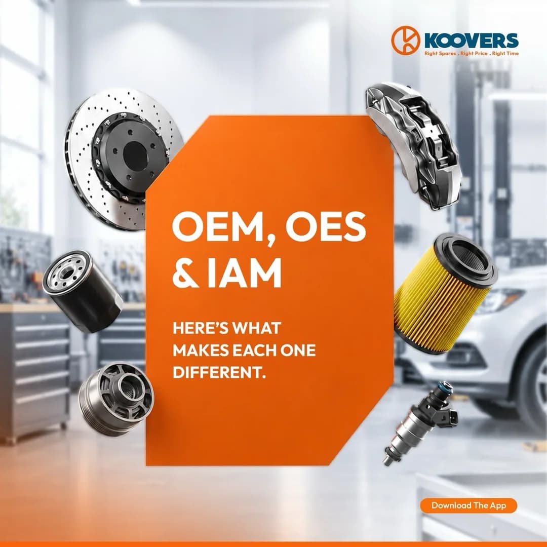Education carousel cover: “OEM, OES & IAM — here’s what makes each one different”, with brake discs and filters around an orange panel