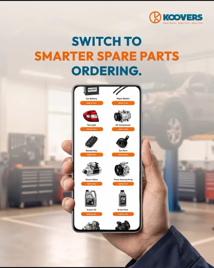 A hand holding a phone with the Koovers parts catalogue: “Switch to smarter spare parts ordering”