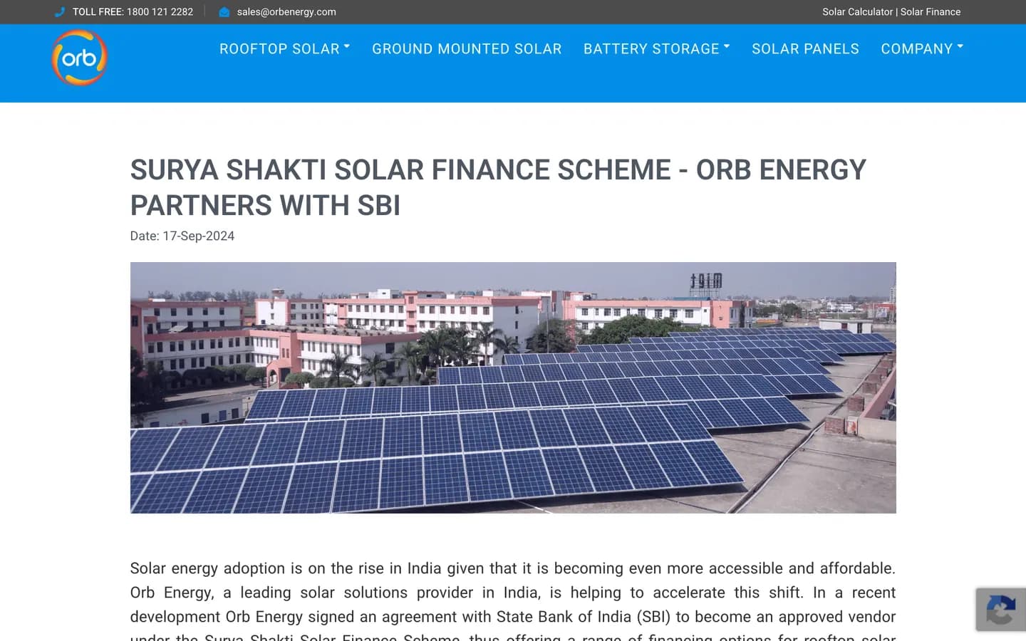 Article on orbenergy.com: Surya Shakti Solar Finance Scheme — Orb Energy partners with SBI
