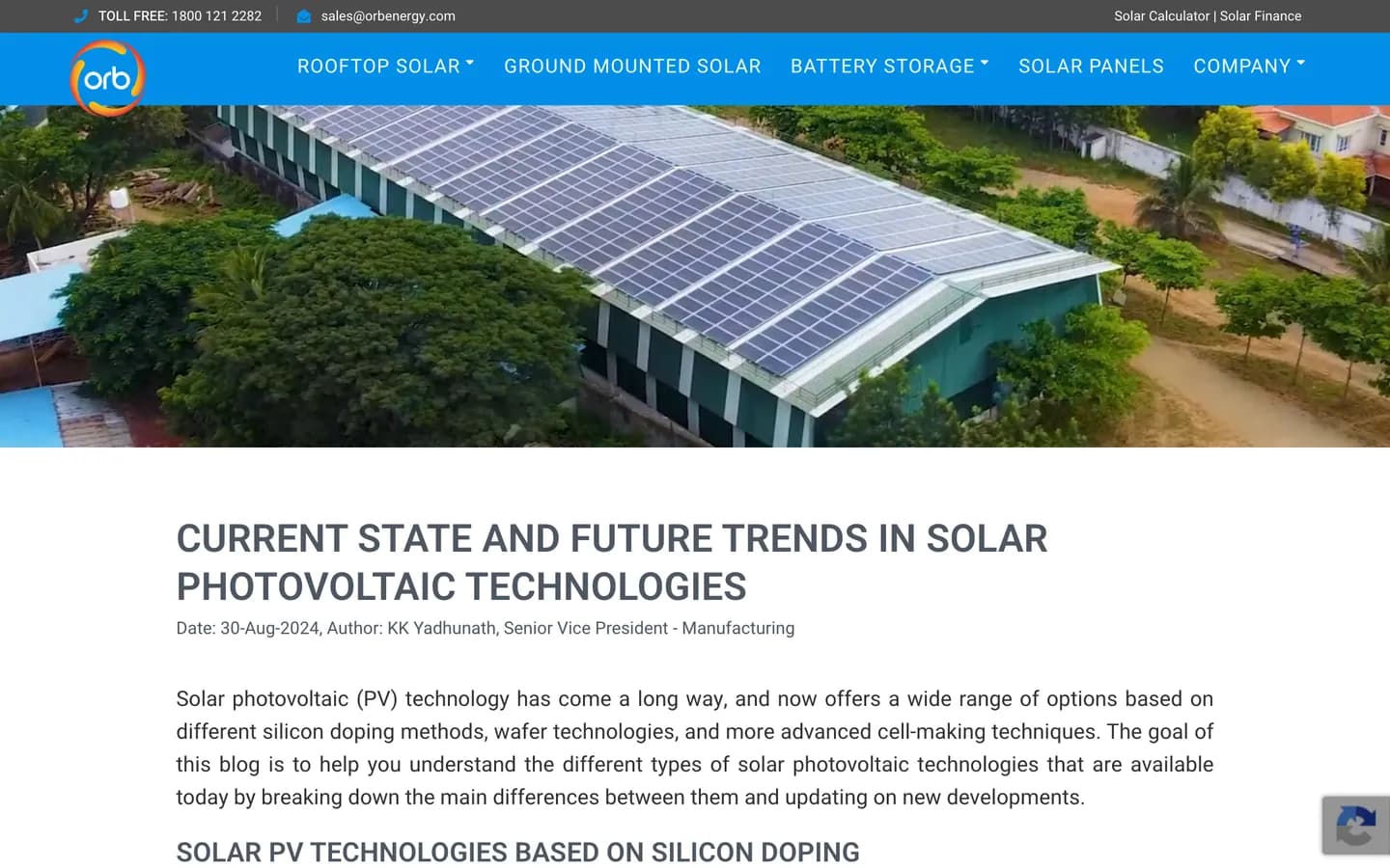 Article on orbenergy.com: Current state and future trends in solar photovoltaic technologies