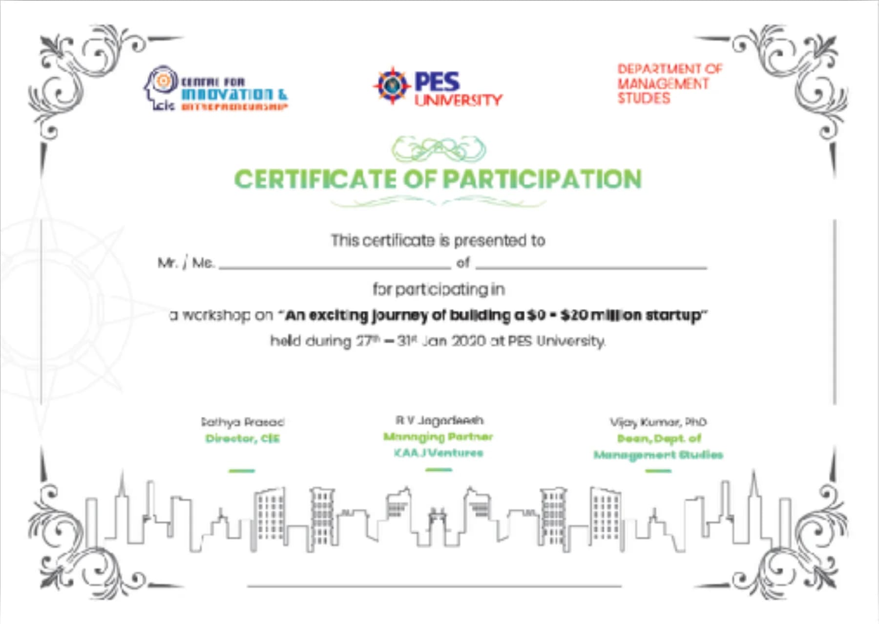Certificate of participation for a startup workshop