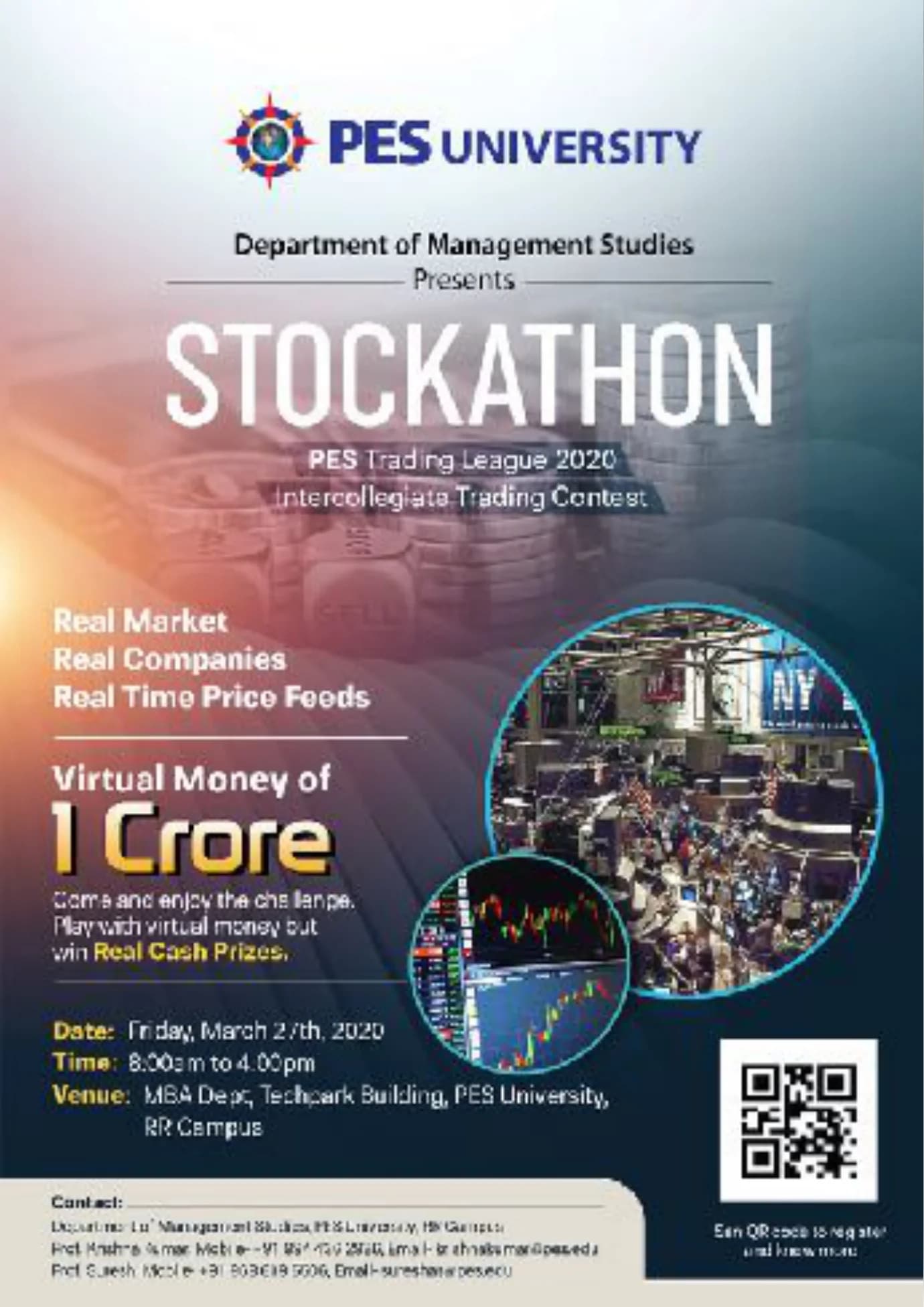 Stockathon poster: PES Trading League 2020, virtual money of 1 crore, real cash prizes