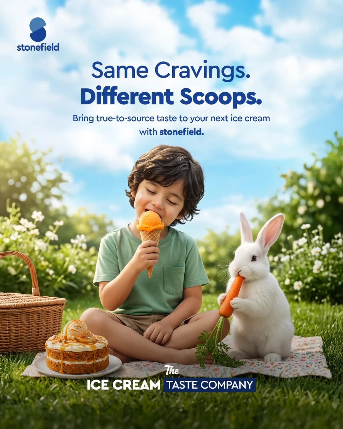 “Same Cravings. Different Scoops.” — a boy eating carrot cake ice cream next to a rabbit eating a carrot, at a picnic