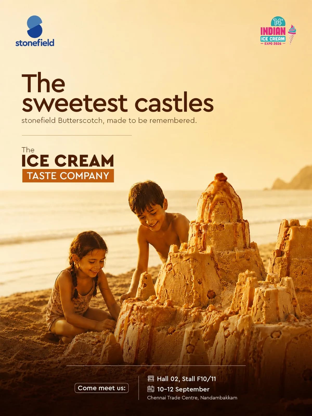 “The sweetest castles” — two children building butterscotch sandcastles on a beach, with the IICE 2026 stall details