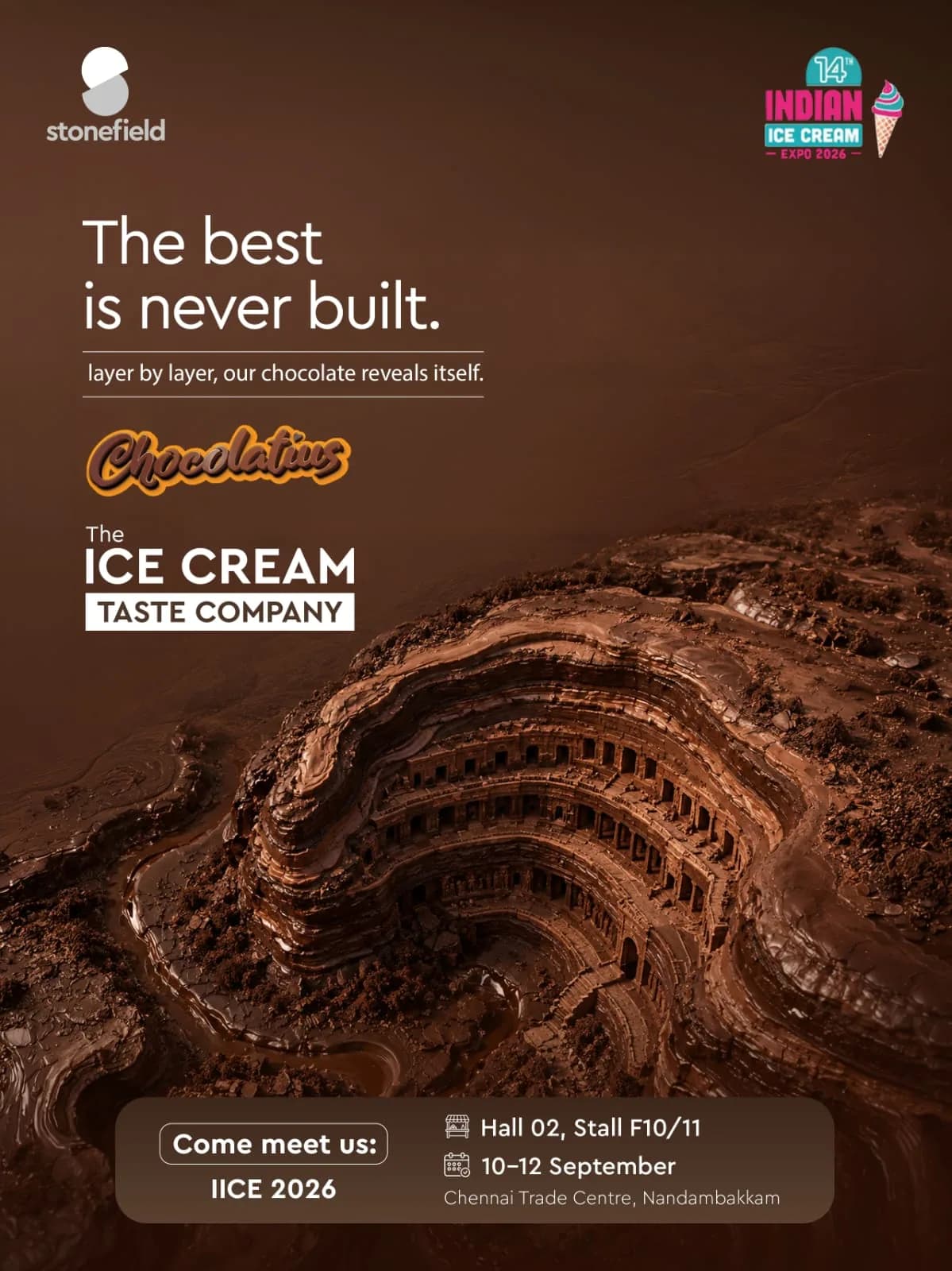 “The best is never built” — layered chocolate carved like an amphitheatre, for the Chocolatius range at IICE 2026