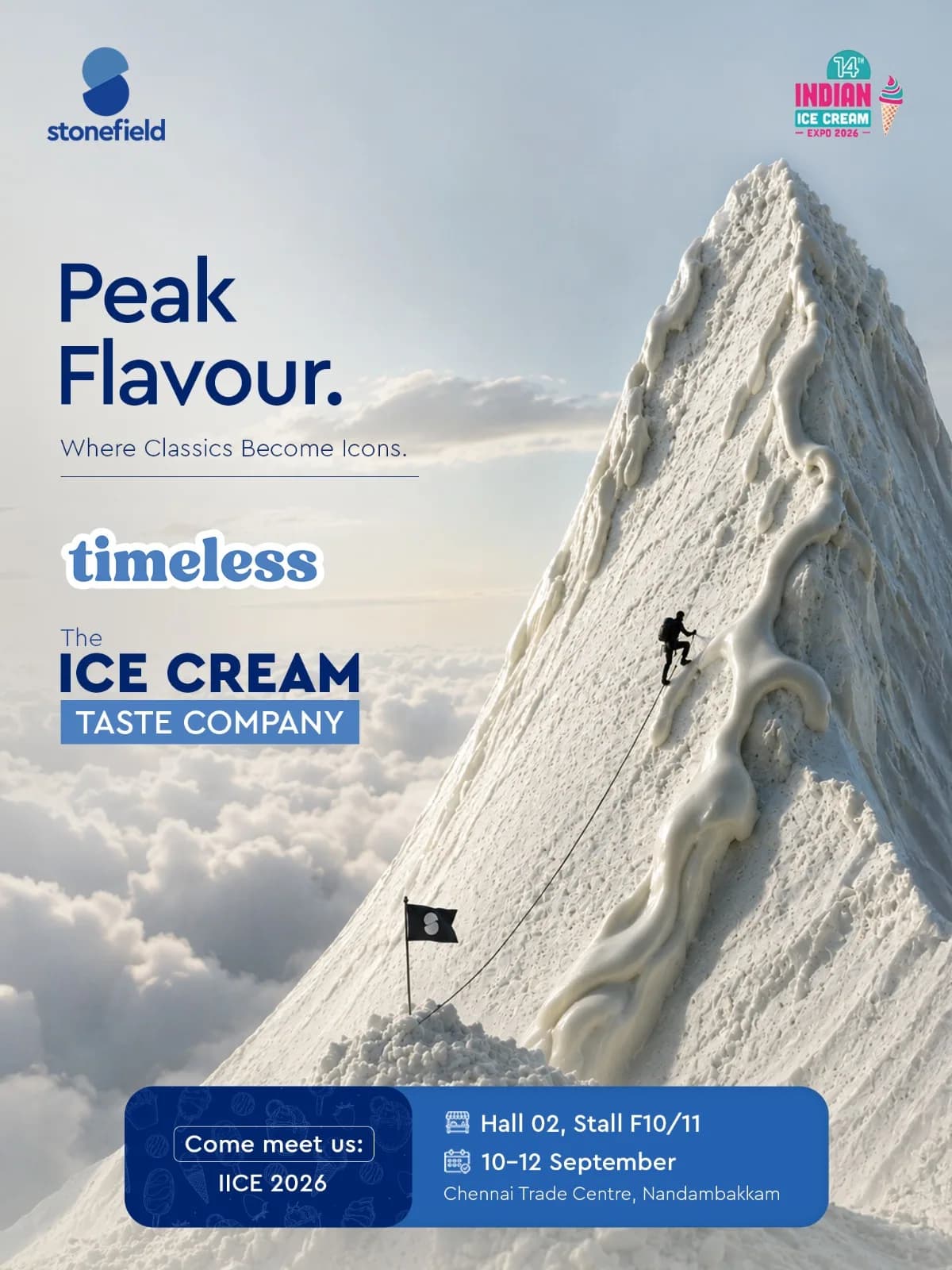 “Peak Flavour. Where classics become icons.” — a climber on a mountain of vanilla ice cream, for the Timeless range, with the IICE 2026 stall details