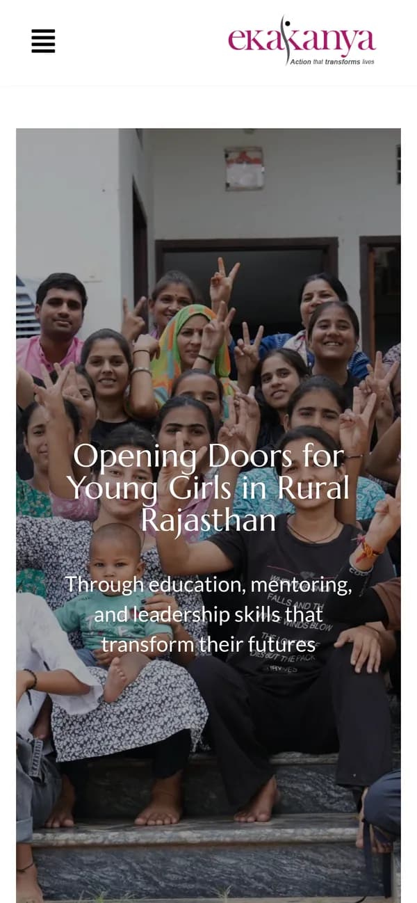 The Ekakanya homepage on mobile — “Opening Doors for Young Girls in Rural Rajasthan”