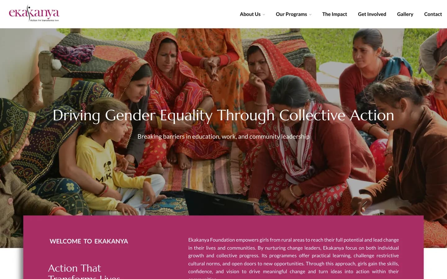 The Ekakanya homepage — “Driving Gender Equality Through Collective Action” over a photograph of women and girls in rural Rajasthan