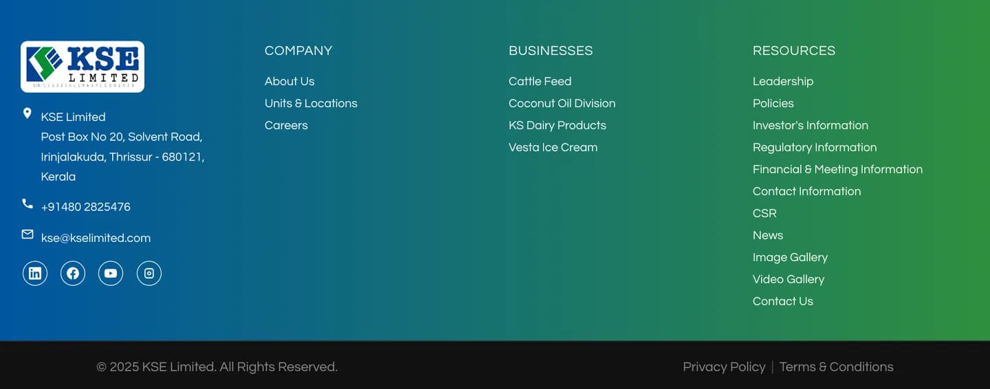 The KSE footer listing company, business and investor pages