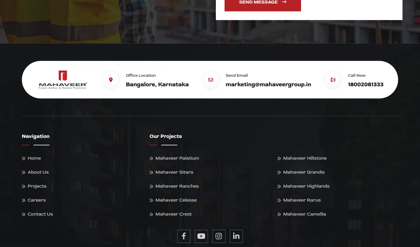 The Mahaveer footer: contact strip, navigation and project links