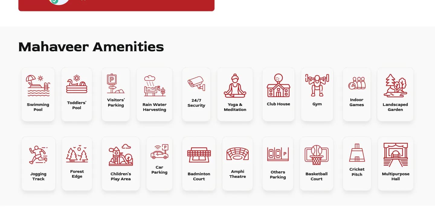 The Mahaveer Amenities grid of icons: pools, clubhouse, gym, play areas, courts and more