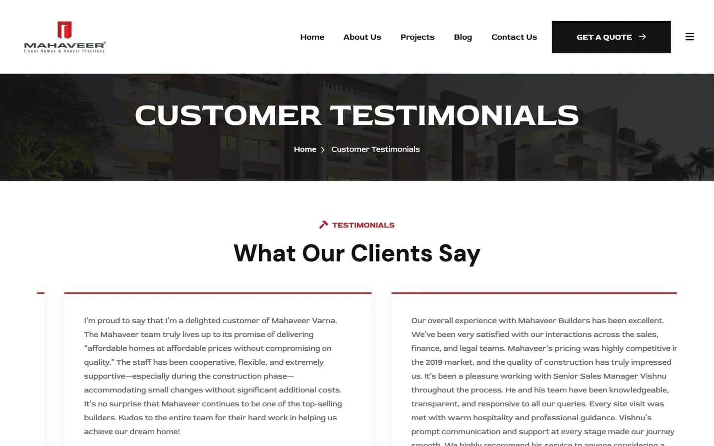 The Customer Testimonials page