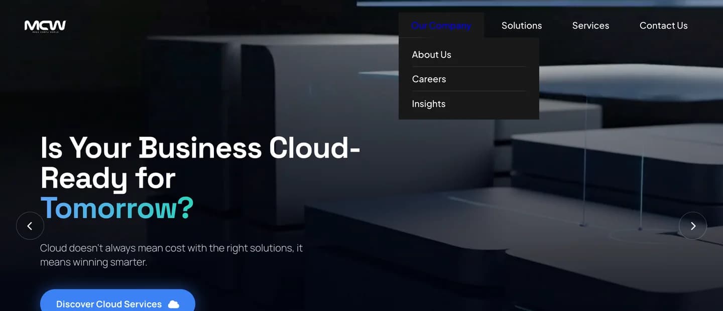 The Our Company menu open: About Us, Careers, Insights