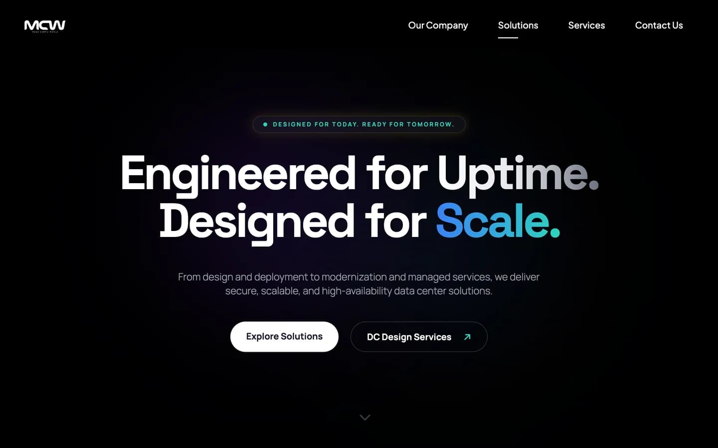 Data Center page — “Engineered for Uptime. Designed for Scale.”