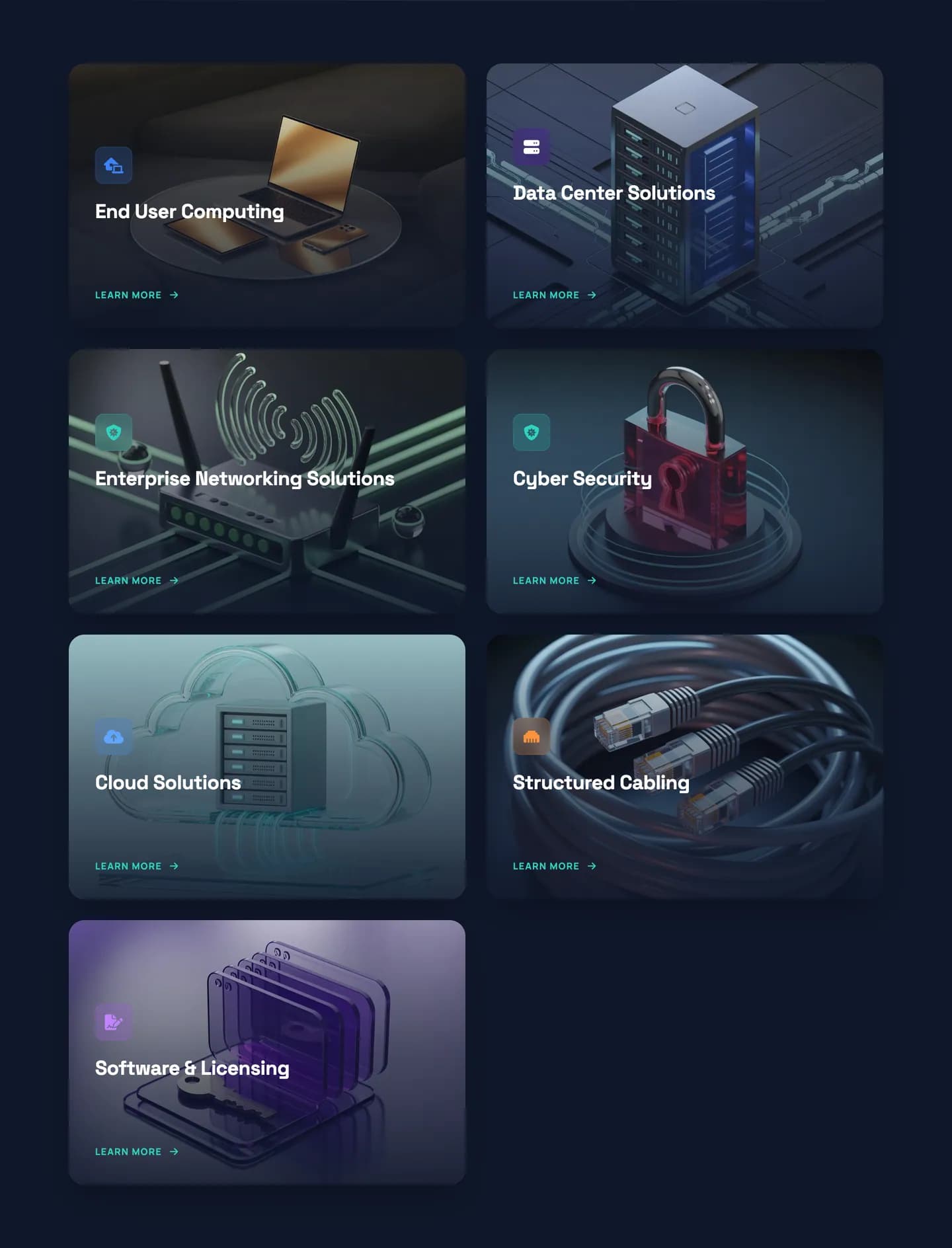 The Solutions page: Engineering Digital Futures, with seven solution cards