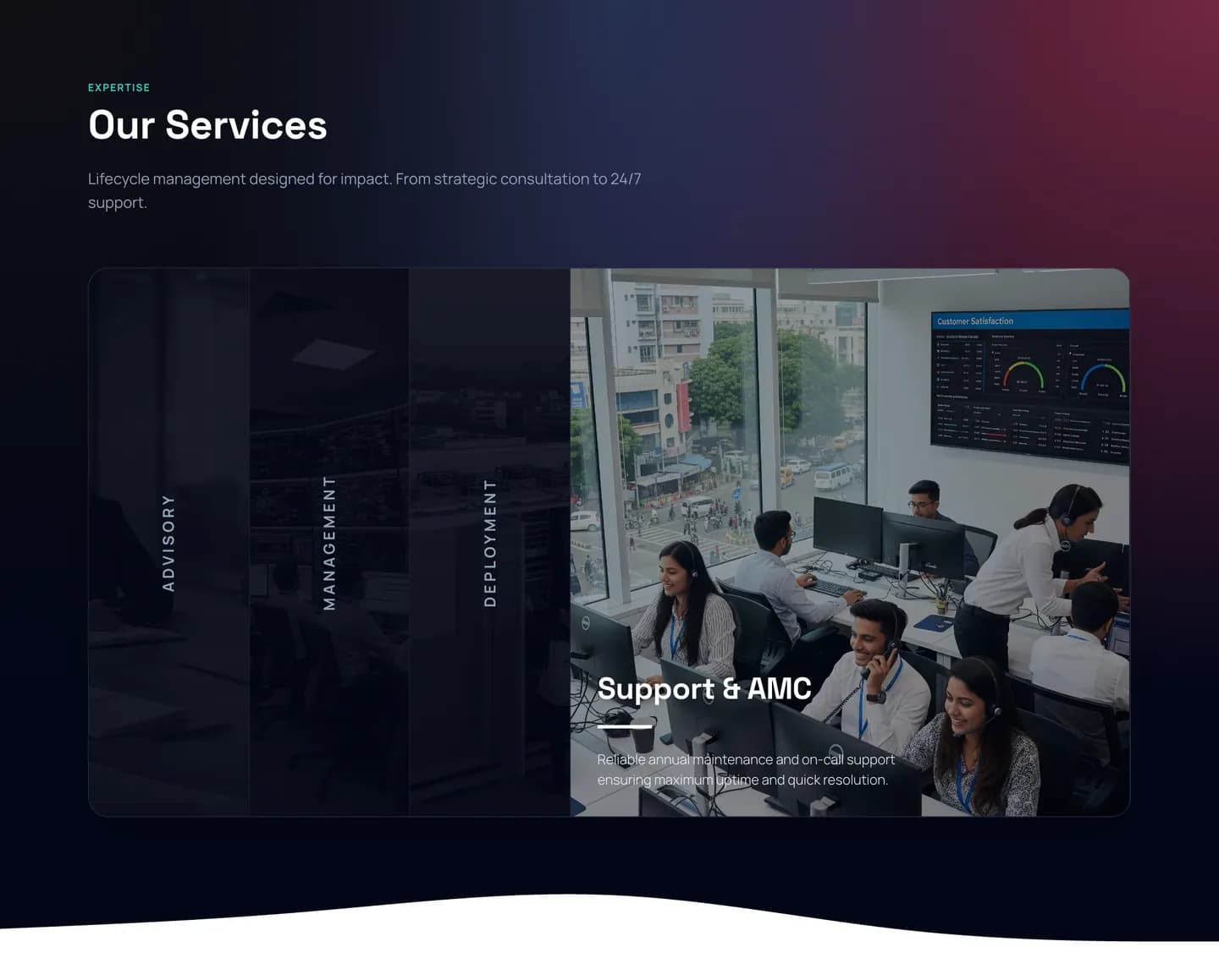The homepage services accordion with Support & AMC open