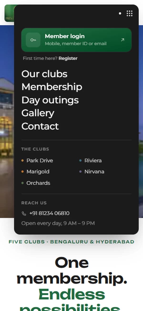 Prestige Clubs on mobile — Navigation