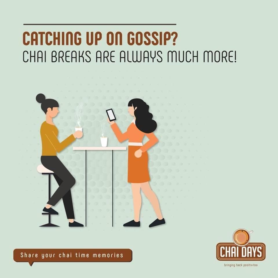 Pale green illustration of two friends chatting over chai, one holding a phone, with “Catching up on gossip? Chai breaks are always much more” and a speech bubble reading “Share your chai time memories”