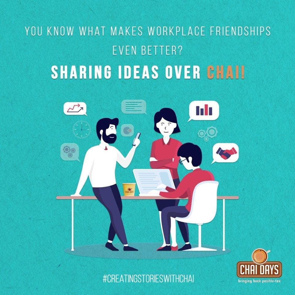 Teal illustration of three colleagues around a laptop with the line “You know what makes workplace friendships even better? Sharing ideas over chai!” and #CreatingStoriesWithChai