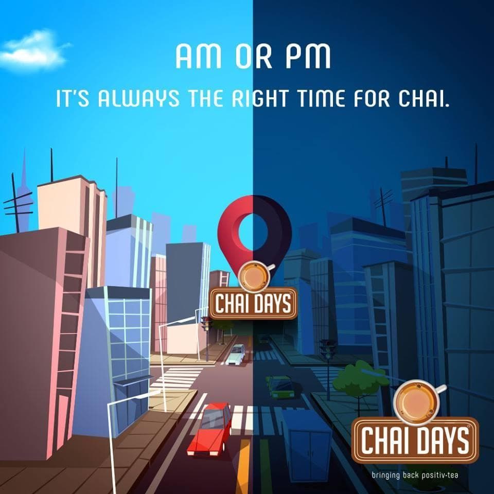 Split day-and-night city illustration with a location pin carrying the Chai Days logo and the line “AM or PM — it’s always the right time for chai”