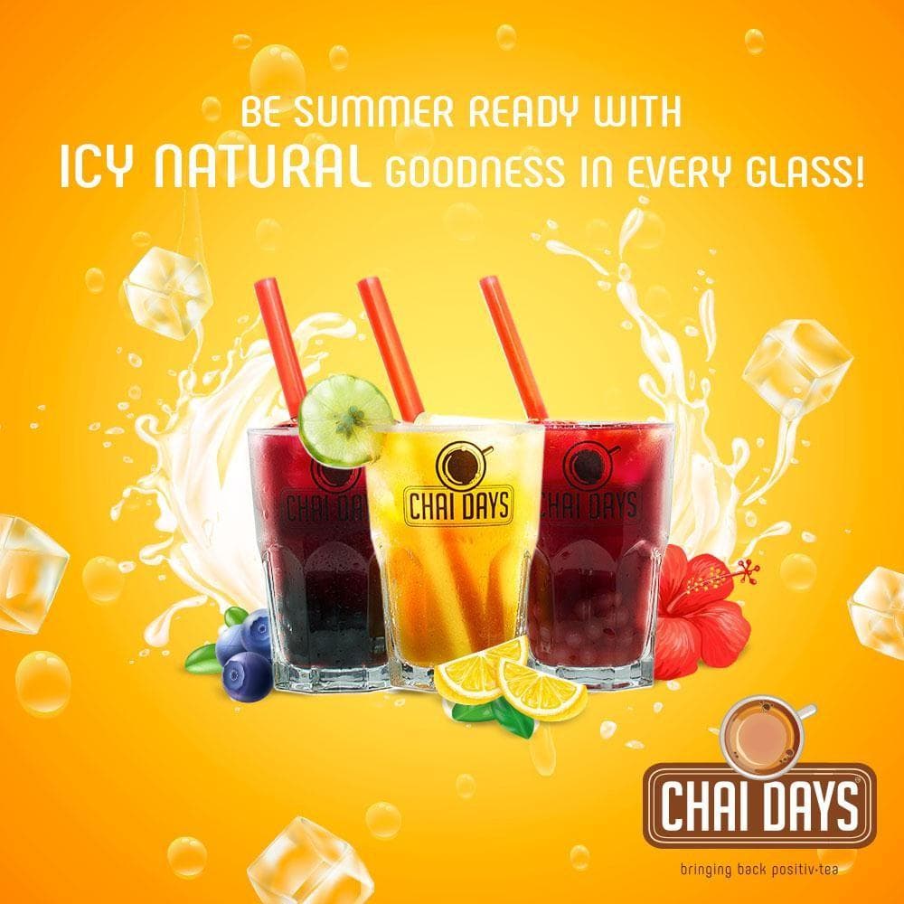 Orange creative with three iced drinks, ice cubes, a milk splash and a hibiscus flower, and the line “Be summer ready with icy natural goodness in every glass!”