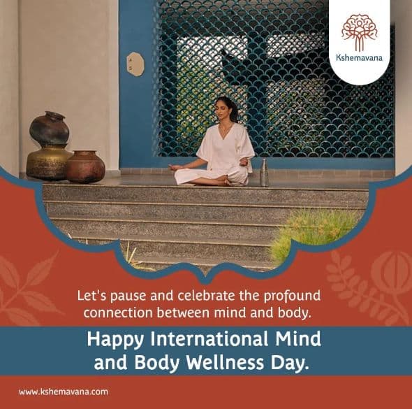 International Mind and Body Wellness Day creative with a woman meditating on steps