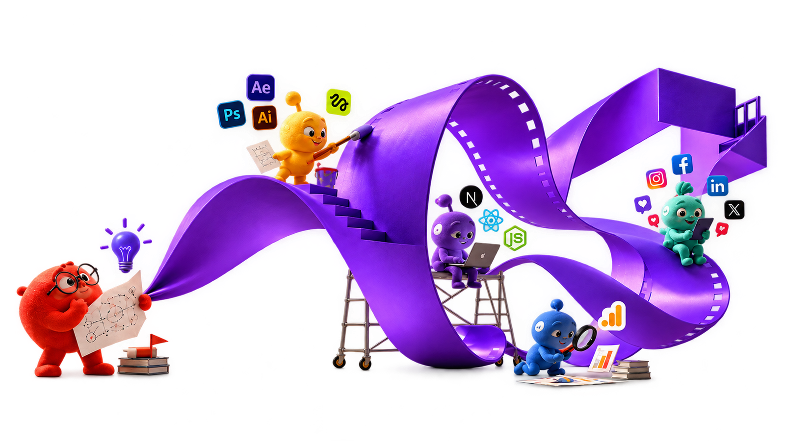A whimsical purple filmstrip featuring a creative crew of colorful mascots