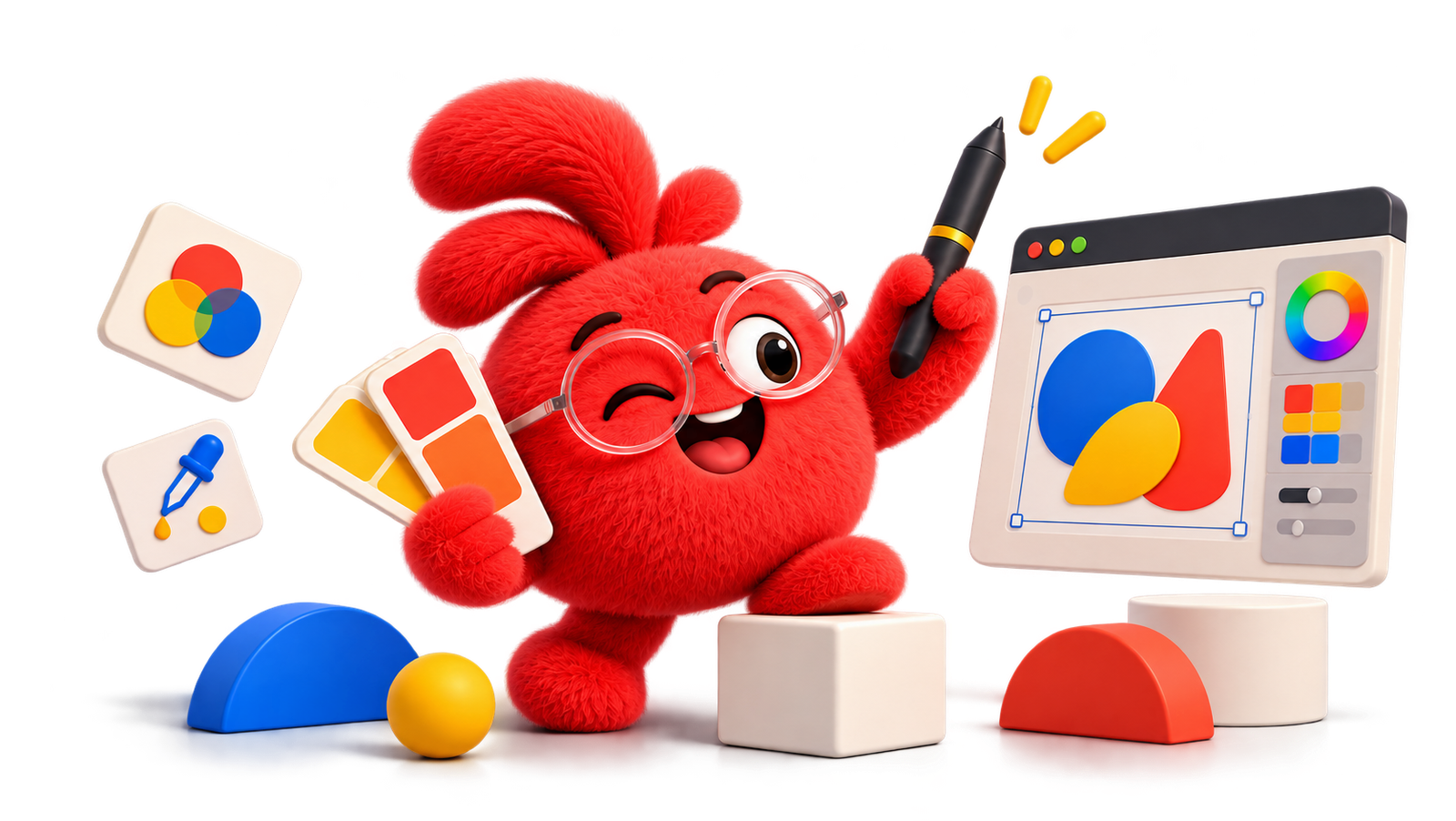 Illustration: a logo construction in Figma, Google Fonts type and a colour palette carried onto a bag, cards and a standee