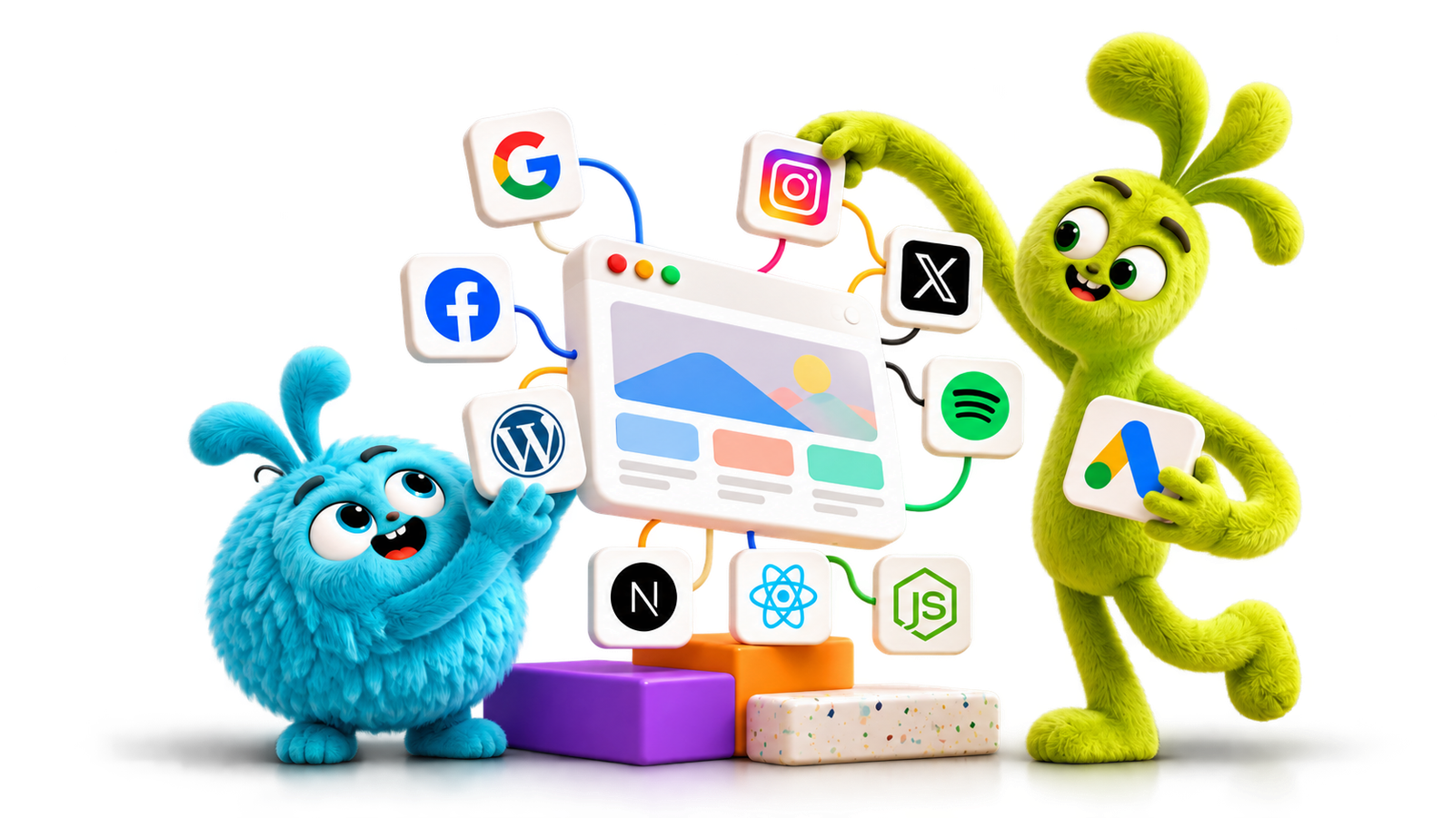 رسم توضيحي: شيفرة React وNext.js وNode.js تتحوّل إلى موقع WordPress منشور، مرتبط بـ Search Console وأدوات التحليلات