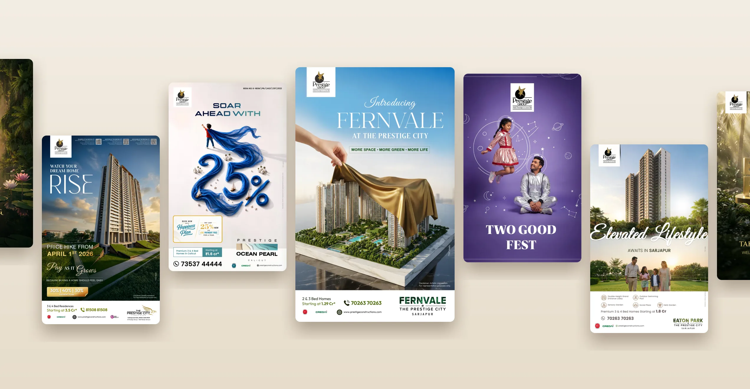 شريط من تصاميم Prestige Group — Rise وSoar ahead with 25% وFernvale وTwo Good Fest وEaton Park