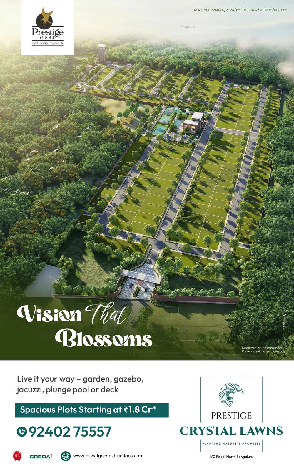 «Vision that blossoms» (رؤية تزدهر) — منظر جوي لأراضٍ مقسّمة ومروج، Prestige Crystal Lawns