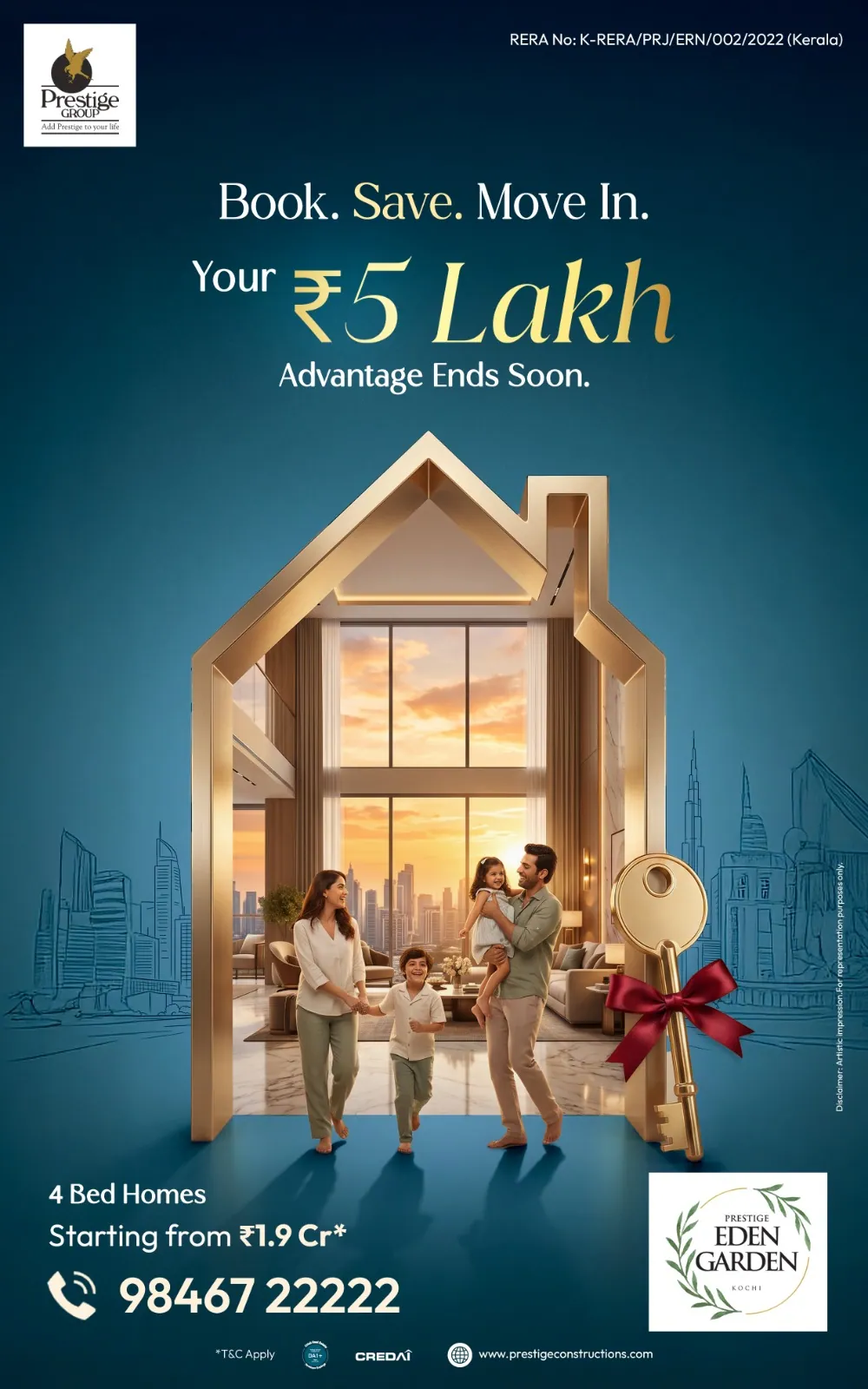 «Book. Save. Move in. Your ₹5 lakh advantage» (احجز، ووفّر، وانتقل: ميزتك بقيمة ₹5 لاكه) — عائلة داخل إطار منزل ذهبي، Eden Garden