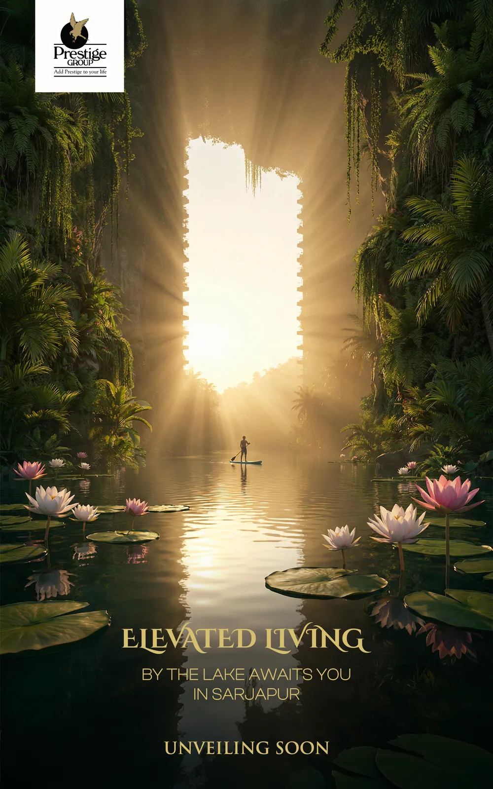 إعلان تشويقي لـ Eaton Park: مجدّف وحيد في بحيرة غابة يلفّها الضباب تحت بوابة من الضوء — «Elevated living, unveiling soon» (حياة أرقى، يُكشف عنها قريبًا)