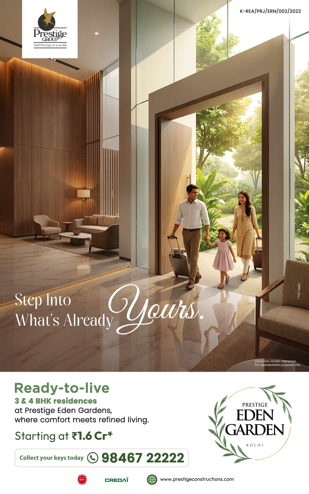 رسالة بريد إلكتروني تسويقية: «Step into what’s already yours» (ادخل إلى ما هو لك بالفعل) — عائلة تدخل ردهة، Prestige Eden Garden