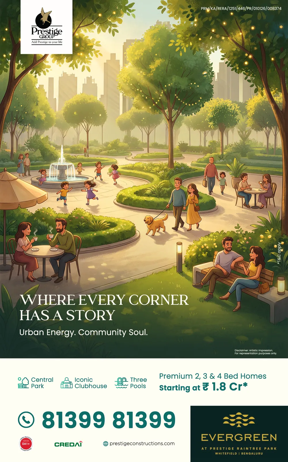 رسالة بريد إلكتروني تسويقية: «Where every corner has a story» (حيث لكل زاوية قصة) — حديقة مجتمعية نابضة بالحياة، Evergreen