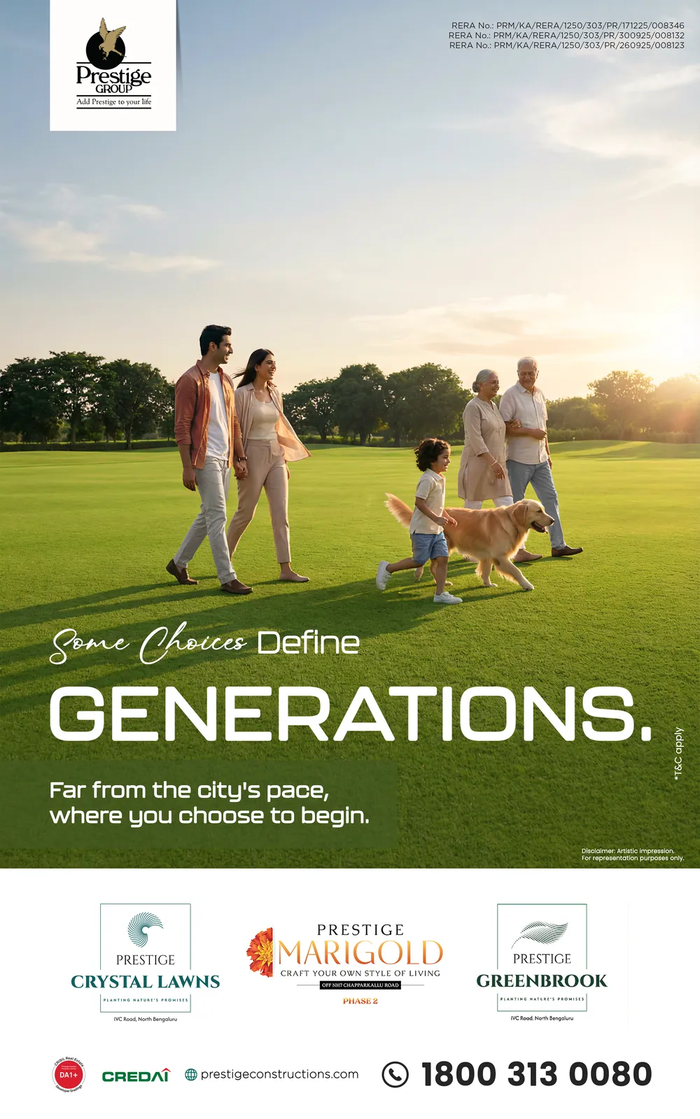 رسالة بريد إلكتروني تسويقية: «Some choices define generations» (بعض الخيارات تصنع أجيالًا) — عائلة تمشي على مرج، Crystal Lawns وMarigold وGreenbrook
