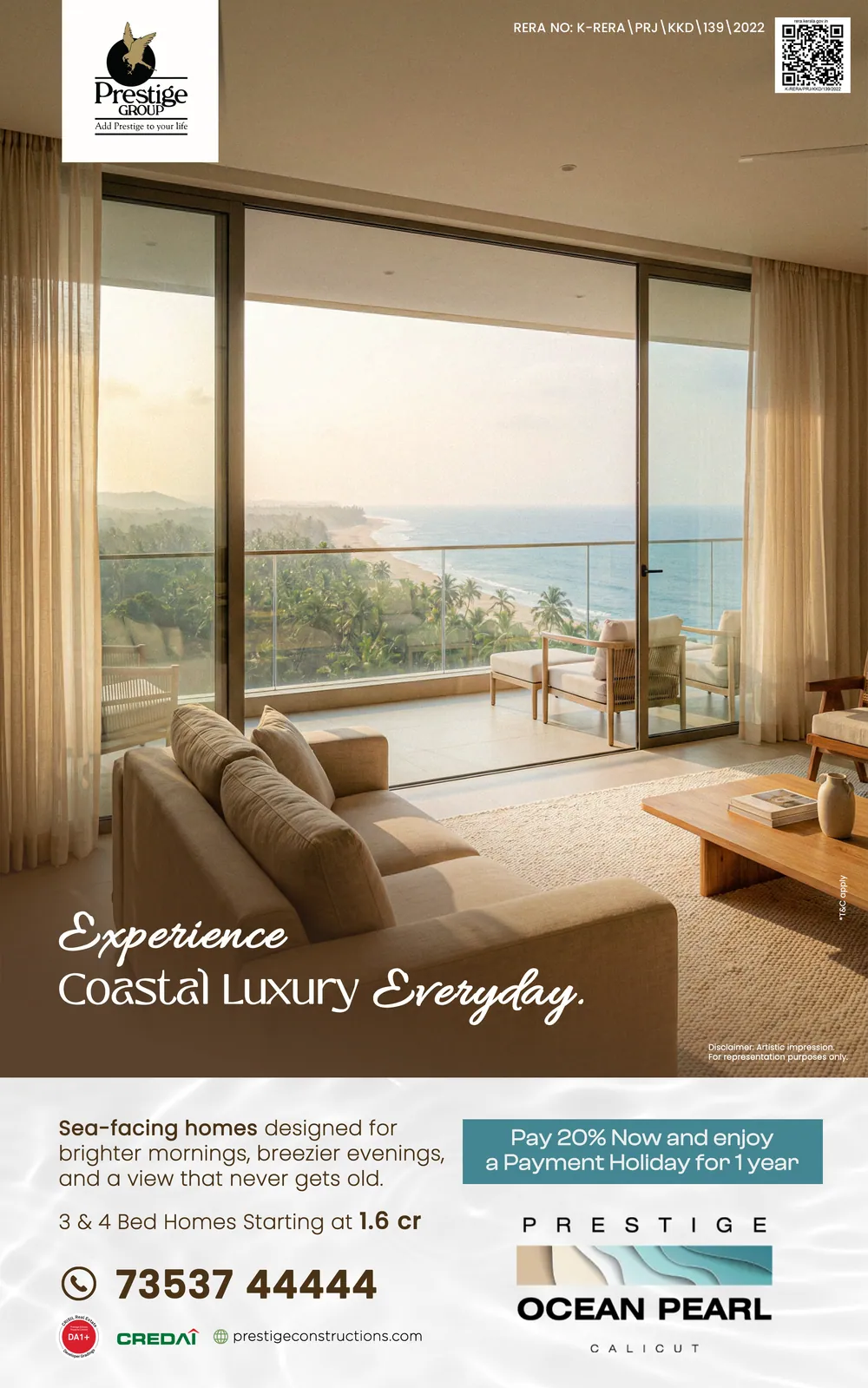«Experience coastal luxury everyday» (عِش فخامة الساحل كل يوم) — غرفة معيشة مطلّة على البحر، Ocean Pearl