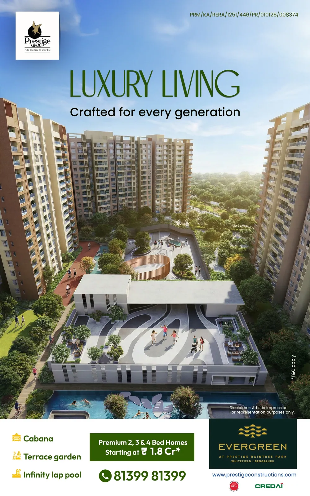 «Luxury living, crafted for every generation» (حياة فاخرة مصمَّمة لكل الأجيال) — منظر جوي للأبراج والمرافق، Evergreen