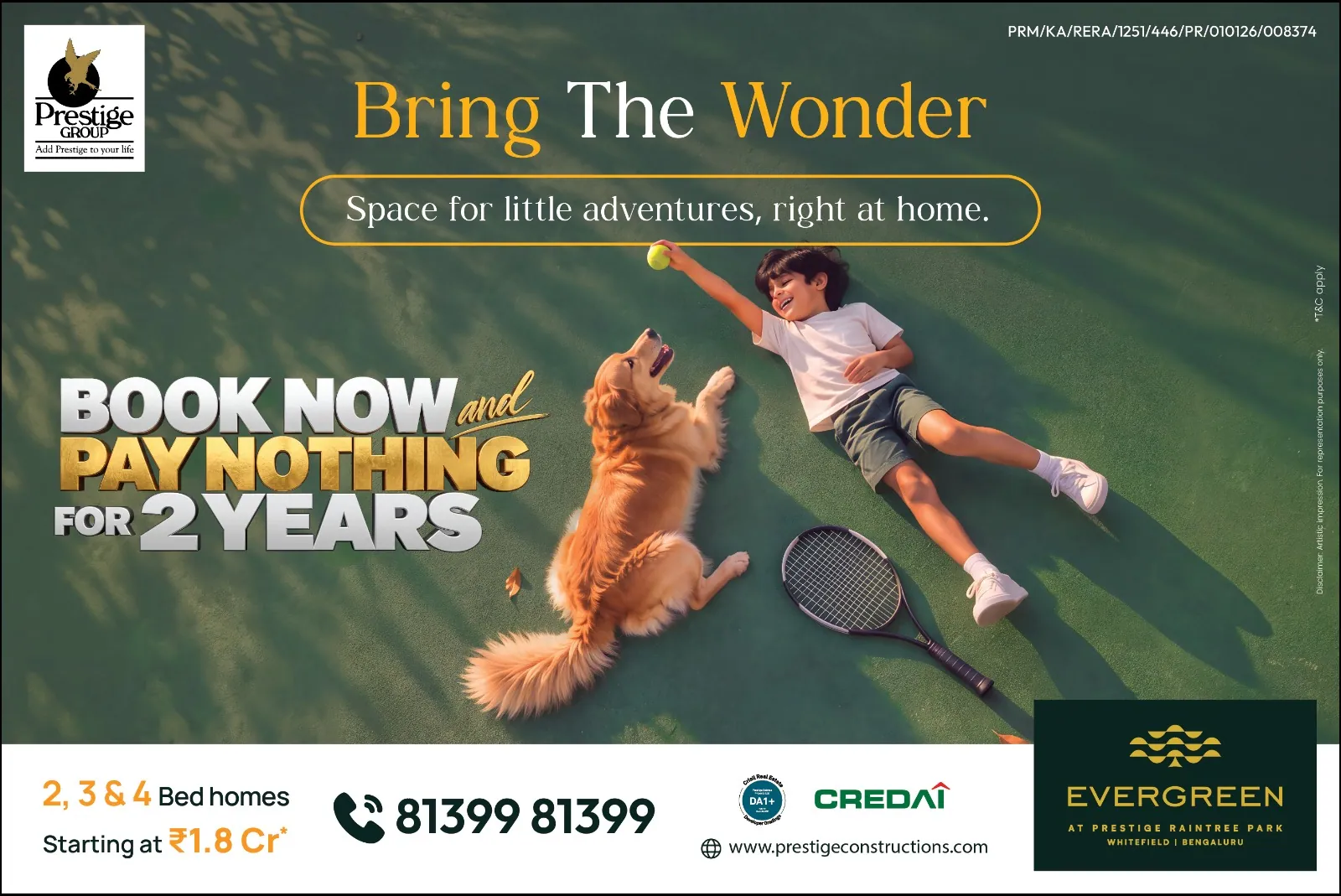 تصميم بالعرض: «Bring the wonder» (أحضِر الدهشة) — صبي وكلبه يقفزان على مرج؛ احجز الآن ولا تدفع شيئًا لمدة عامين
