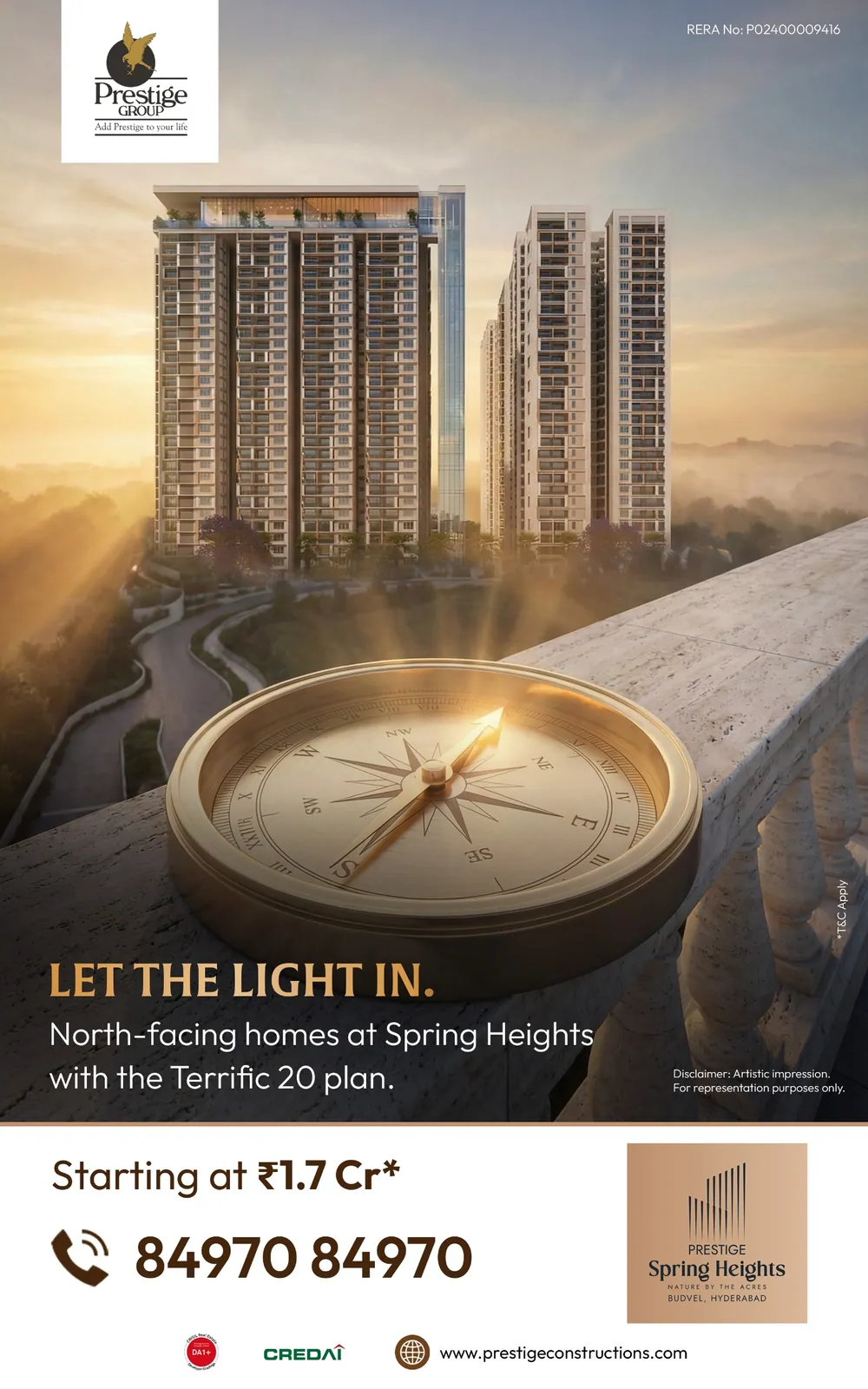 «Let the light in» (دع الضوء يدخل) — بوصلة على شرفة تواجه أبراجًا متجهة شمالًا، Spring Heights