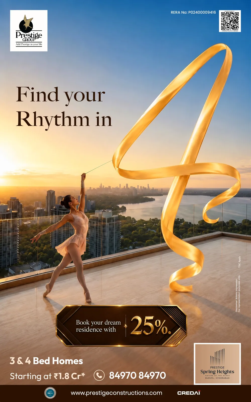 «Find your rhythm in 4» (اعثر على إيقاعك في 4) — راقصة وشريط ذهبي يشكّلان الرقم 4، Spring Heights