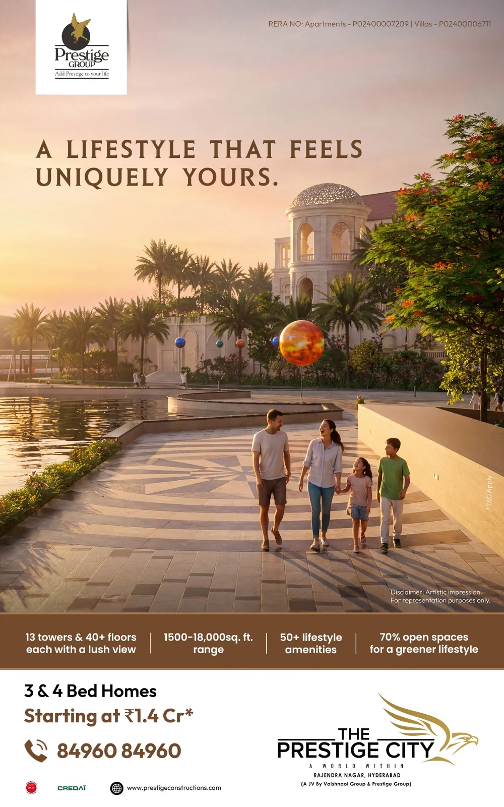«A lifestyle that feels uniquely yours» (أسلوب حياة يشبهك وحدك) — عائلة تتمشّى على ممشى، The Prestige City