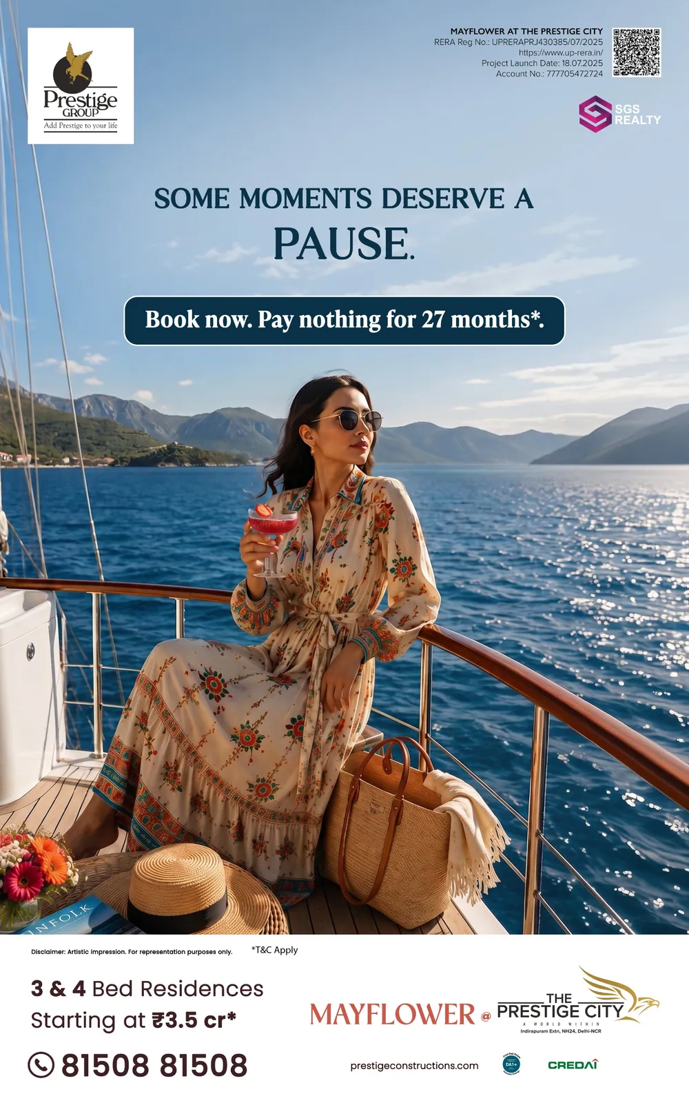 «Some moments deserve a pause» (بعض اللحظات تستحق التوقّف) — امرأة على سطح يخت؛ احجز الآن ولا تدفع شيئًا لمدة 27 شهرًا