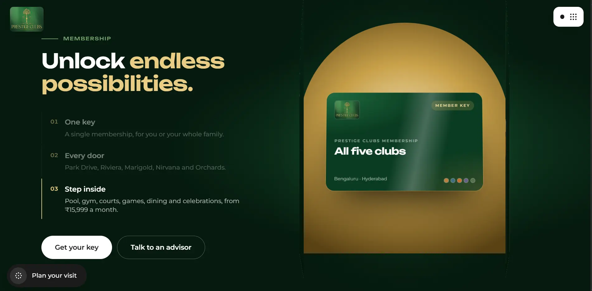 The membership section with three numbered ideas and a member key card