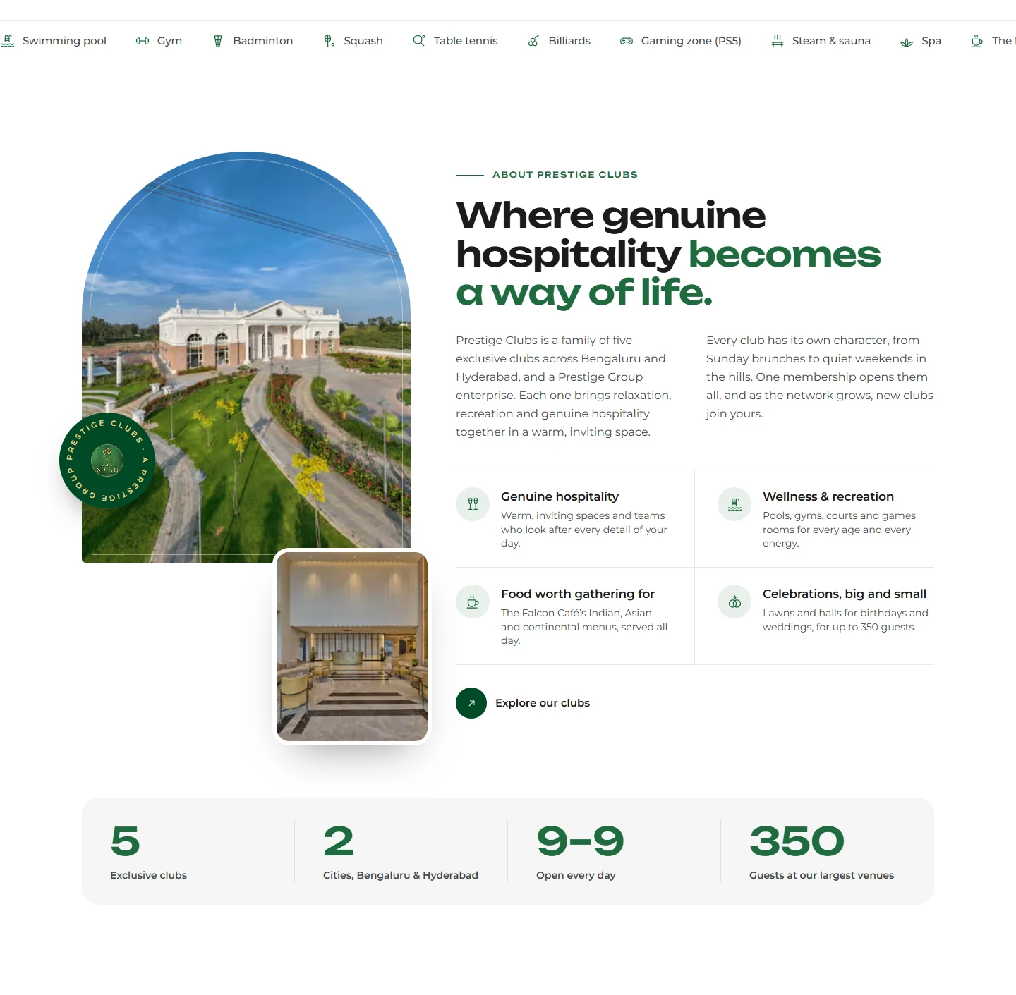 Photography and the facilities strip on the homepage